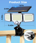 Super Bright Clip On Solar Outdoor Flood Light With Smart Motion Sensor And USB C Recharging, dimensions 11.42x7.87x5.5 inches, clamp for easy installation.