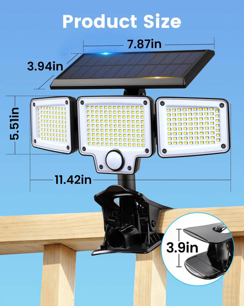 Super Bright Clip On Solar Outdoor Flood Light With Smart Motion Sensor And USB C Recharging, dimensions 11.42x7.87x5.5 inches, clamp for easy installation.