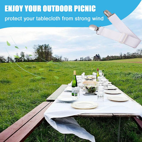 Hidden Strap Tablecloth Clips 5 Pack With Adjustable Elasticity For Indoor And Outdoor Use securing tablecloth at a picnic