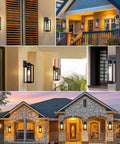 Hella Bright 16-Inch Outdoor Wall Lanterns, Rugged 2-Pack Exterior House Lights featuring thick clear glass shades mounted on various home exteriors.