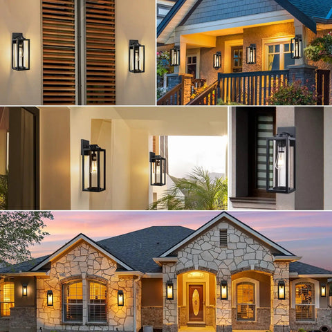 Hella Bright 16-Inch Outdoor Wall Lanterns, Rugged 2-Pack Exterior House Lights featuring thick clear glass shades mounted on various home exteriors.