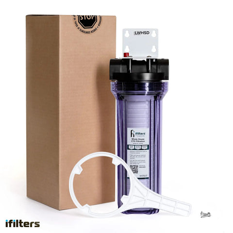Hella Solid Whole House Sediment Filter System For Crystal Clear Water Handles Dirt Sand Silt Rust And Scale with transparent housing.