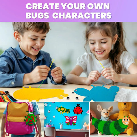 Kids enjoying 12 Jumbo Bug Felt Sewing Projects For Beginners Kids Craft Kit For Ages 6 8 with DIY bug creations on display.