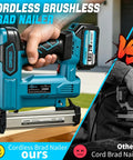 Zero Fuss 21V Cordless Nail Gun With Two 4.0Ah Batteries 18 Gauge 2 In 1 Electric Brad Nailer showcasing brushless design and battery.