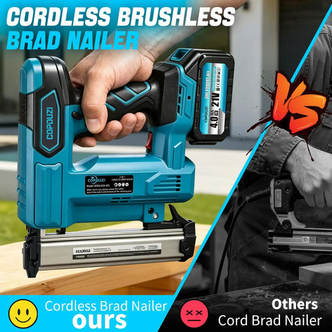 Zero Fuss 21V Cordless Nail Gun With Two 4.0Ah Batteries 18 Gauge 2 In 1 Electric Brad Nailer showcasing brushless design and battery.