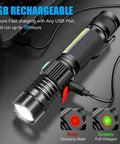 USB Rechargeable Magnetic LED Flashlight with Zoomable Beam showing charging indicator lights and USB connection