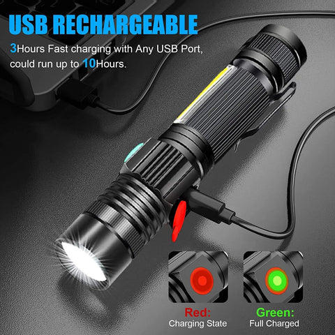USB Rechargeable Magnetic LED Flashlight with Zoomable Beam showing charging indicator lights and USB connection