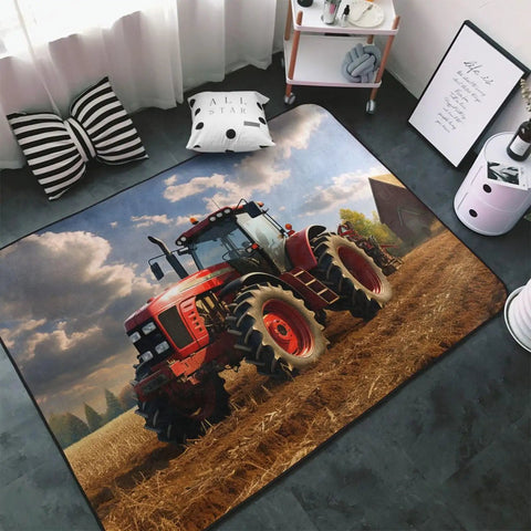 Fantasy Farm Tractor Non Slip Doormat 60x39 Inches Low Profile Area Rug on living room floor with tractor print design.