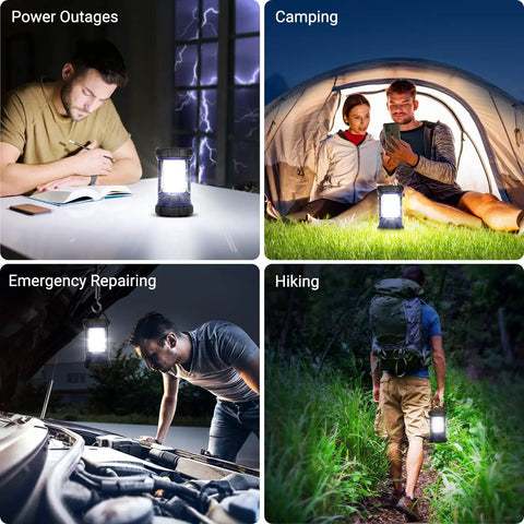 3200LM Camping Lantern With 4600mAh Phone Charger used for power outages, camping, emergency repairs, and hiking adventures