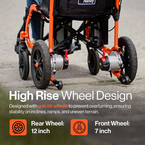 Close-up of GoRide Series Lightweight Foldable Electric Wheelchair showing dual 250W motors and high-rise wheel design.