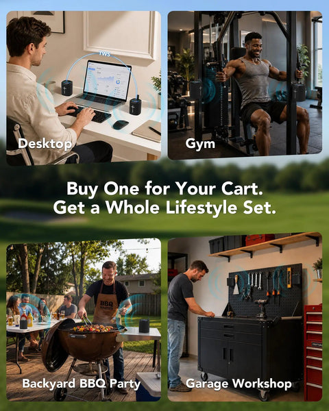 Image showing Badass Two In One Split Magnetic Bluetooth Speaker Packing Crushing Stereo Bass And Wireless Portability For Golf Carts Trucks And RVs used in various settings like home office, gym, BBQ, and workshop.