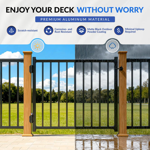 Outdoor gate with self-closing gate hinges with latch, showing durability in weather conditions, deck and yard setting.
