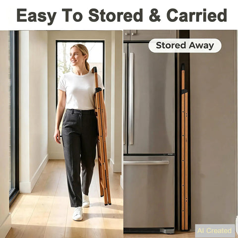 Woodgrain Finish 4 Step Aluminum Folding Ladder With Safety Lock Legs And Lightweight Design For Home Use Reaching Cabinets Shelves Attics And More Up To 330 Lb, stored beside fridge