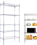 Heavy Duty Five Tier Wire Shelving Unit Kickass Storage Rack With Fully Adjustable Shelves For Kitchen Garage And Pantry Organization Keep Your Space Clean In Sleek Silver Gray 29 X 13 X 59 Inches with dishes and microwave.