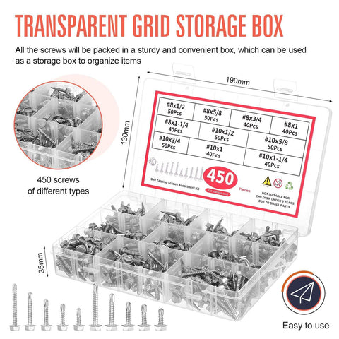 450 Piece Self Tapping Screws Kit Made From 410 Stainless Steel For Fast Strong Mounts In Metal Plastic And Wood With Lengths From One Half Inch To One And One Quarter Inch In A Rust Resistant Silver Finish shown in transparent grid storage box.