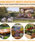 1.2 Inch Gap Animal Barrier Fence Panels No Dig Garden Fencing Kit Heavy Duty 3.75mm Wire Rustproof Outdoor Dog Fence For Yard Garden Edging Keeps Critters Out shown installed around a garden with plants, porch and small dogs visible
