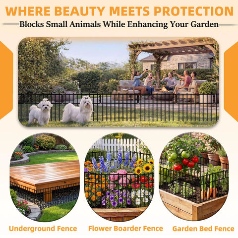 1.2 Inch Gap Animal Barrier Fence Panels No Dig Garden Fencing Kit Heavy Duty 3.75mm Wire Rustproof Outdoor Dog Fence For Yard Garden Edging Keeps Critters Out shown installed around a garden with plants, porch and small dogs visible