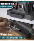 Built Tough 6 Inch Variable Speed Bench Grinder With Brushless Motor Grinding Wheel Dresser Led Work Light Cast Iron Base, water tray feature.