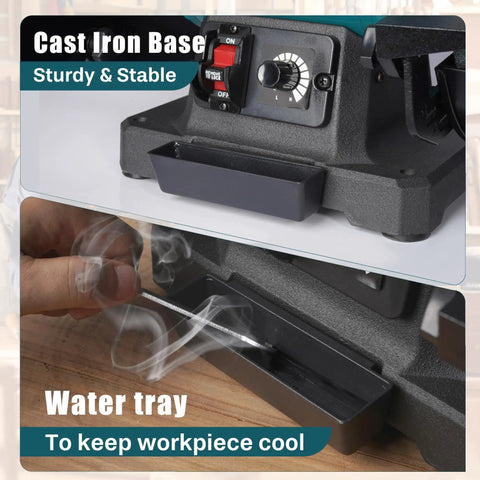 Built Tough 6 Inch Variable Speed Bench Grinder With Brushless Motor Grinding Wheel Dresser Led Work Light Cast Iron Base, water tray feature.