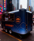 Solid As A Rock Mobile Food Trailer And Rolling Cart Combo Crafted For Coffee Ice Cream Sales Quick Hustle Setup That Grinds Like A Dream On Busy Weekends, blue trailer with gourmet design.
