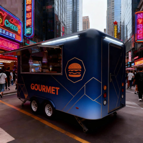 Solid As A Rock Mobile Food Trailer And Rolling Cart Combo Crafted For Coffee Ice Cream Sales Quick Hustle Setup That Grinds Like A Dream On Busy Weekends, blue trailer with gourmet design.