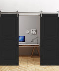 Double Barn Door Set 84 By 96 Inches Painted Black With Solid Panel Interior Includes 13 Ft Silver Rail Track Kit in home office