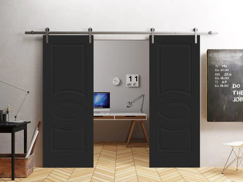Double Barn Door Set 84 By 96 Inches Painted Black With Solid Panel Interior Includes 13 Ft Silver Rail Track Kit in home office