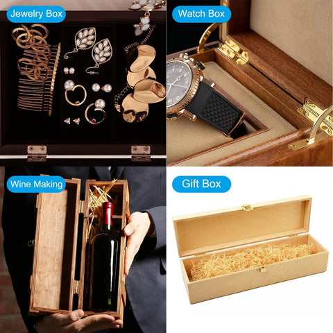 Smooth Like Butter Small Piano Hinge Kit For Jewelry Boxes, Solid Iron Continuous Hinges In Polished Silver, Includes every necessary bolt, set in diverse wooden boxes.