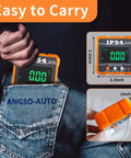 Digital Angle Gauge for ADAS Calibration, IP54 Rated Protractor Tool With 4 By 90 Degree Measuring Range, High Precision Angle Finder for Auto Shop, Easy Readout, Reliable Alignment and Sensor Calibration. Orange digital angle gauge in jeans pocket, 2.3-inch size