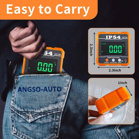 Digital Angle Gauge for ADAS Calibration, IP54 Rated Protractor Tool With 4 By 90 Degree Measuring Range, High Precision Angle Finder for Auto Shop, Easy Readout, Reliable Alignment and Sensor Calibration. Orange digital angle gauge in jeans pocket, 2.3-inch size