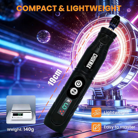 Cordless Rotary Tool Kit with Five Speed Settings 3.7V Mini Grinder, LED front light, size comparison, compact design, 19cm