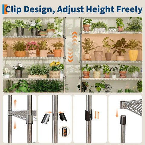 Heavy Duty Chrome Wire Shelving Rack With Locking Swivel Casters Commercial Grade with plants on adjustable shelves.