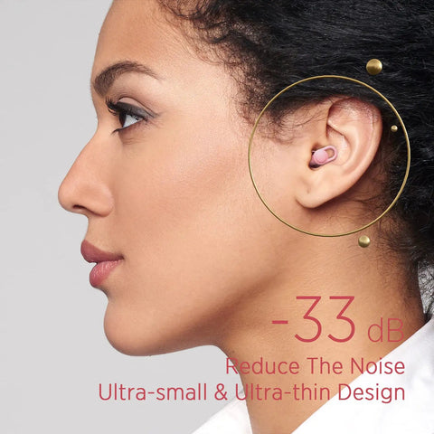 Ultra Soft Reusable Earplugs For Sleep Flights And Noise Sensitivity 16 Tip Set In XS S M L With Two Travel Boxes Delivers Up To 33dB Noise Reduction And A Comfy Fit Pink in ear close-up