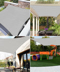 Collage showing 12 X 40 Sun Shade Sail With Wire Cable And A Rings, covering patios and a playground, light gray UV-resistant fabric.