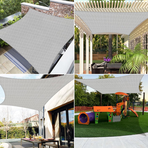 Collage showing 12 X 40 Sun Shade Sail With Wire Cable And A Rings, covering patios and a playground, light gray UV-resistant fabric.