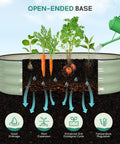 Cutaway view of Galvanized Raised Garden Bed Outdoor 4x2x1 Ft Oval Planter With Safety Edging And Gloves, showing soil layers and plants.