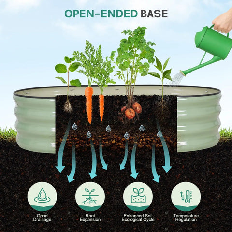 Cutaway view of Galvanized Raised Garden Bed Outdoor 4x2x1 Ft Oval Planter With Safety Edging And Gloves, showing soil layers and plants.