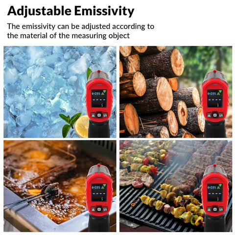 Adjustable Emissivity chart for Non Contact Infrared Thermometer Gun For Cooking And Grilling, Digital Infrared Temp Reader For Candy, Food, Pizza Oven, Grill And Engine, Temperature Gun With 12 To 1 Distance To Spot, Backlit Display, Auto Off, Low Battery Alert Range -58F To 1112F.