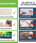 Comparison of Eco Friendly Honeycomb Packing Paper with plastic showing stretchability, no scissors needed, and environmental benefits.