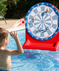 Kid playing with Inflatable Dart Board Pool Toy for Kids and Adults, Water Target Game Float Safe PVC, Backyard Beach Party Fun, Red