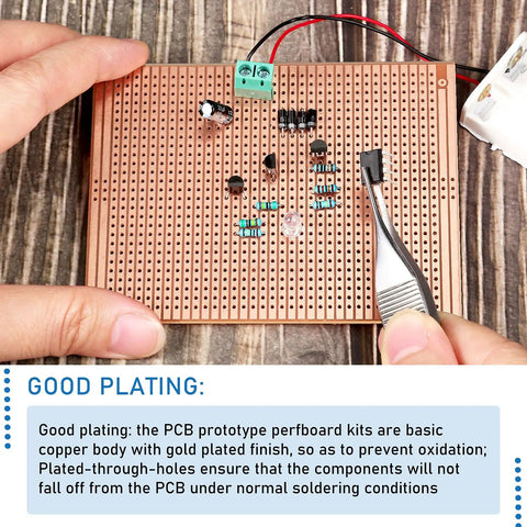 Ten Pack 73mm By 100mm Protoboard Kit With Copper Strip Boards 957 Holes shown with components being soldered.