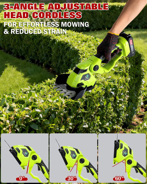 2-In-1 Cordless Grass Shears And Hedge Trimmer With A 5.3-Inch Blade Includes 2 Rechargeable Batteries And Charger For Easy Garden And Lawn Maintenance Great For Thick Leaves And Small Branches in use trimming a hedge, showing adjustable cutting angles.
