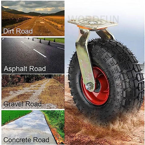 Heavy Duty Swivel Castor Wheels With Brake Trolley Replacement Caster Featuring Natural Rubber Pneumatic Tire on various terrains.