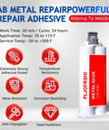 Heavy Duty Two Part Epoxy Weld Adhesive For Metal Plastic Ceramic Glass Wood And More Waterproof High Strength Repair Glue With 1.76oz 1:1 Syringe Includes Pusher And Scraper Temperature Resistant, shown with features on label.