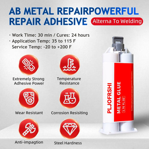 Heavy Duty Two Part Epoxy Weld Adhesive For Metal Plastic Ceramic Glass Wood And More Waterproof High Strength Repair Glue With 1.76oz 1:1 Syringe Includes Pusher And Scraper Temperature Resistant, shown with features on label.