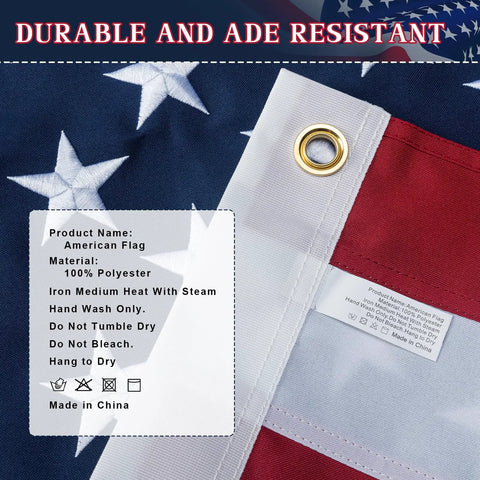 Close-up of Tough As Nails 3x5 Ft Outdoor US Flag With Embroidered Stars, brass grommet, and care instructions, tearproof polyester.