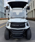Front view of a sleek white two seater electric golf cart powered by a dependable 48V lithium battery.