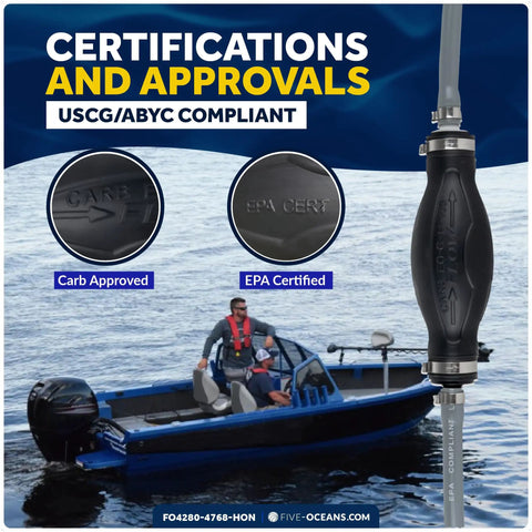Marine Boat Fuel Line Kit With Primer Bulb For Honda Outboards 3/8 Inch By 6 Foot Heavy-Duty Marine Grade Fuel Line Assembly EPA CARB Approved Includes Brass Tank Connector And Stainless Clamps shown on a boat with certification badges.