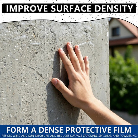 Person's hand touching a cured concrete wall, showcasing the use of Water Based Concrete Cure And Sealant Liquid For New Slabs Driveways And Patios Heavy Duty Moisture Lock Straight Up Pro Grade Formula Boosts Strength Kills Early Cracks 20 Oz.