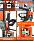 Close-up of Beefy Magnetic Drill Press 1400W copper motor detailing quick-assembly cooling joint and operation panel